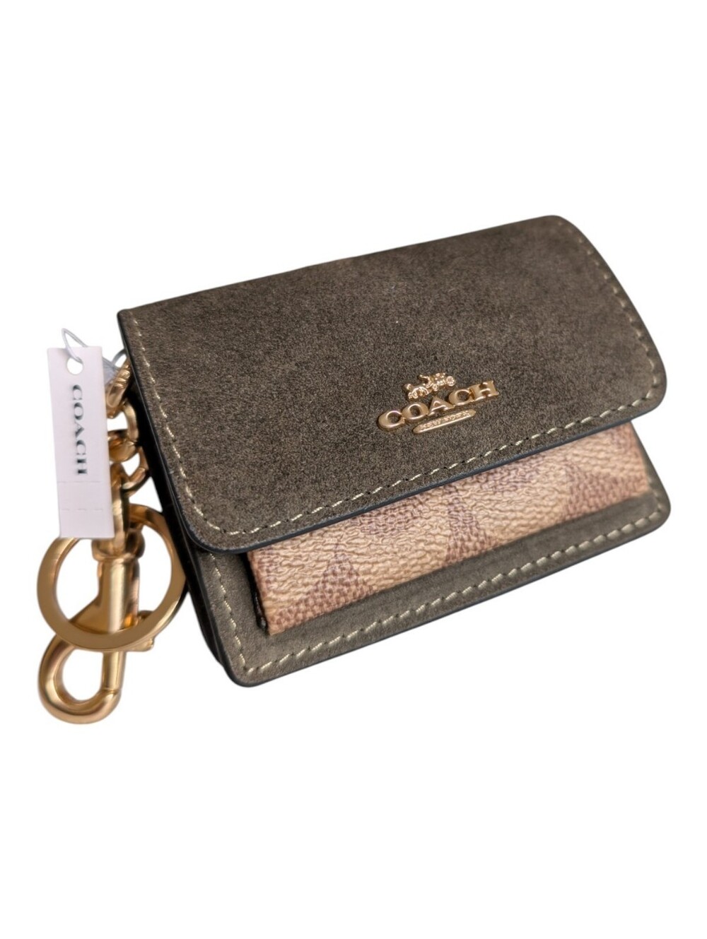Coach Olive Suede & Signature Canvas Key Card Holder with Gold Hardware